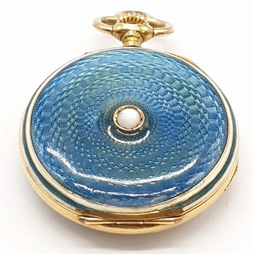 228 - Vintage 18ct gold ladies pocket watch with enamel and opal back, 25mm case.