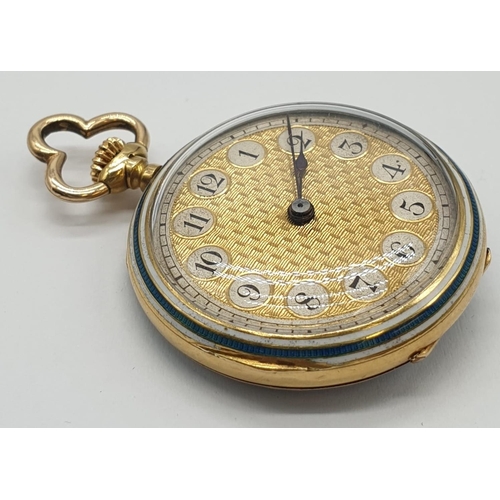 228 - Vintage 18ct gold ladies pocket watch with enamel and opal back, 25mm case.