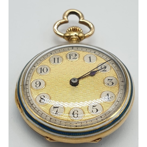 228 - Vintage 18ct gold ladies pocket watch with enamel and opal back, 25mm case.