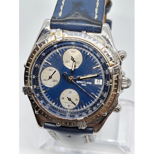 4 - Breitling chronograph gents watch, automatic with navy face and twist bezel. Original navy leather s... 