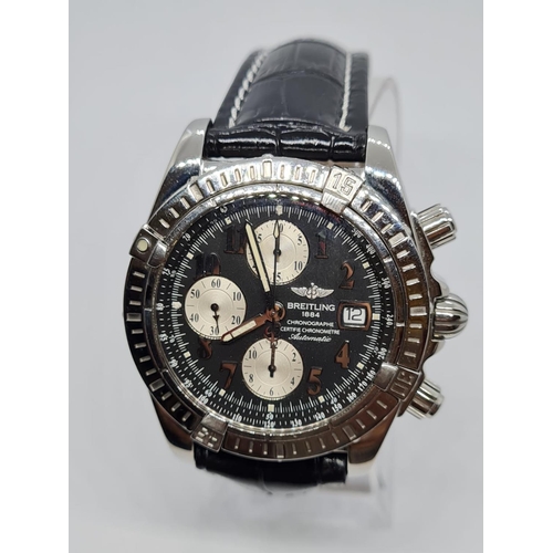 58 - Breitling chronograph gents watch automatic with twist bezel. Original black leather strap, A13356, ... 