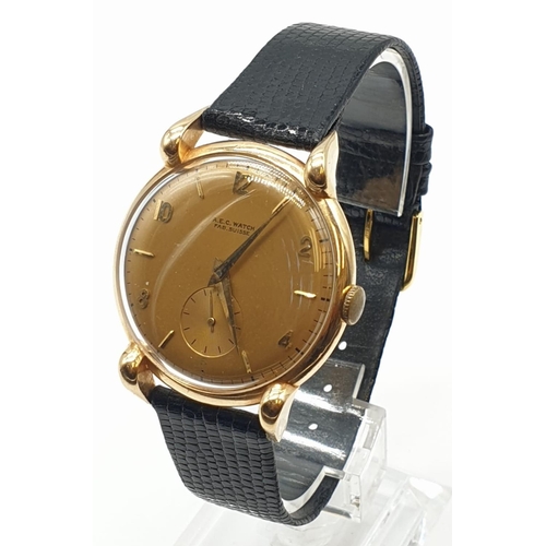 73 - Vintage 18ct rose gold  A.E.C.  gents watch with leather strap, 34mm case.