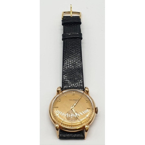 73 - Vintage 18ct rose gold  A.E.C.  gents watch with leather strap, 34mm case.