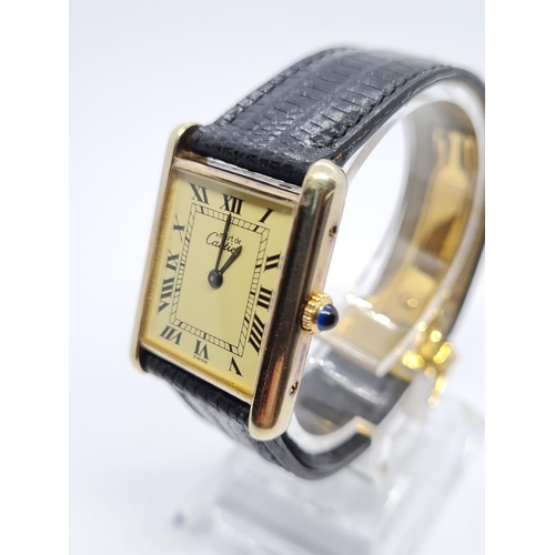 8 - Must De Cartier vintage gents watch with black leather strap, manual winding 22mm x 25mm case and de... 