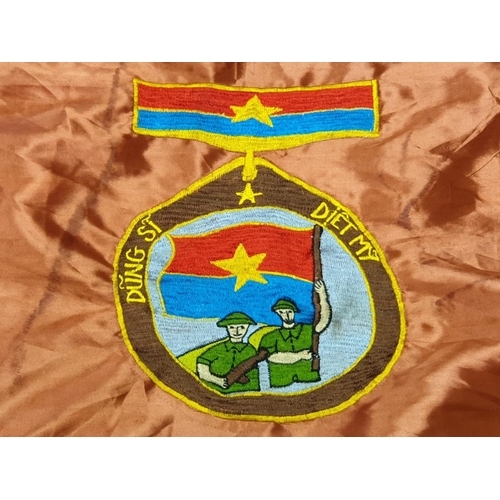 159 - North Vietnam National Liberation Front Silky Material Victory Banner-Ben Tre-1968. 82 x 72 cm