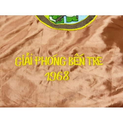 159 - North Vietnam National Liberation Front Silky Material Victory Banner-Ben Tre-1968. 82 x 72 cm