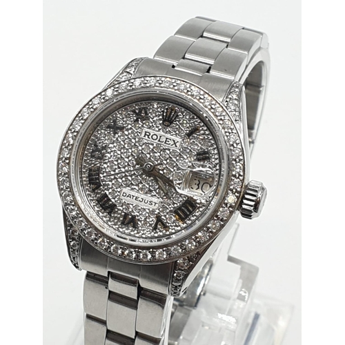 83 - Rolex datejust ladies watch with diamond encrusted face and bezel, 26mm face.