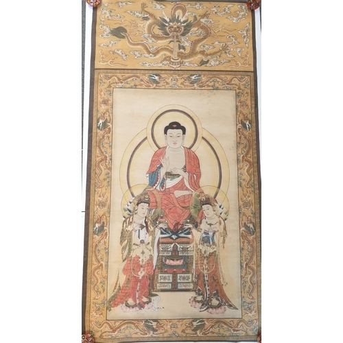 77 - Tibetan Thangka depicting “ Three saints of the west”, in the middle is Shakyamuni, sitting on a lot... 