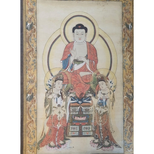 77 - Tibetan Thangka depicting “ Three saints of the west”, in the middle is Shakyamuni, sitting on a lot... 