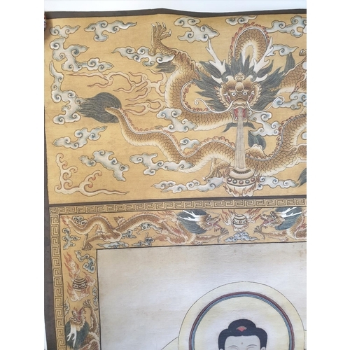 77 - Tibetan Thangka depicting “ Three saints of the west”, in the middle is Shakyamuni, sitting on a lot... 