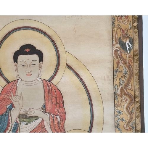 77 - Tibetan Thangka depicting “ Three saints of the west”, in the middle is Shakyamuni, sitting on a lot... 