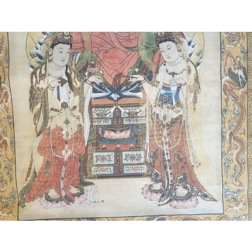 77 - Tibetan Thangka depicting “ Three saints of the west”, in the middle is Shakyamuni, sitting on a lot... 