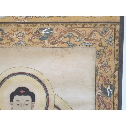 77 - Tibetan Thangka depicting “ Three saints of the west”, in the middle is Shakyamuni, sitting on a lot... 