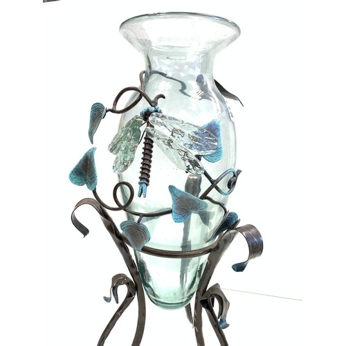 118 - Wrought-Iron sculptured vase with glass dragonfly. 53 cm high.