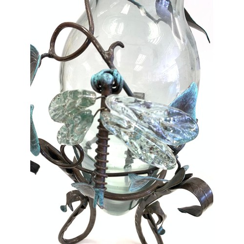 118 - Wrought-Iron sculptured vase with glass dragonfly. 53 cm high.