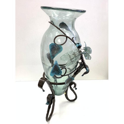 118 - Wrought-Iron sculptured vase with glass dragonfly. 53 cm high.