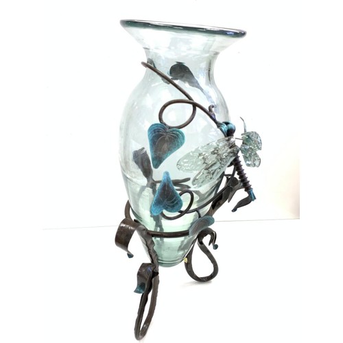 118 - Wrought-Iron sculptured vase with glass dragonfly. 53 cm high.