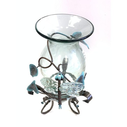 118 - Wrought-Iron sculptured vase with glass dragonfly. 53 cm high.