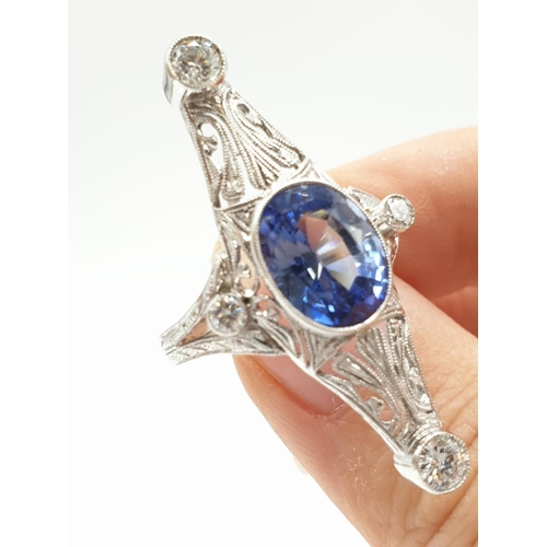 23 - 1940's art deco style ring with 4.50ct sapphire centre and 1ct diamonds approx, set in white gold (t... 