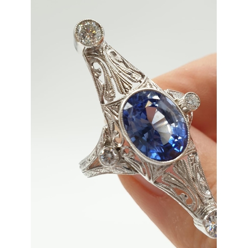 23 - 1940's art deco style ring with 4.50ct sapphire centre and 1ct diamonds approx, set in white gold (t... 