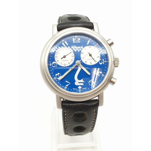 25 - Chopard Geneve gents chronometer watch with rare blue face and leather strap, case 35mm and in worki... 