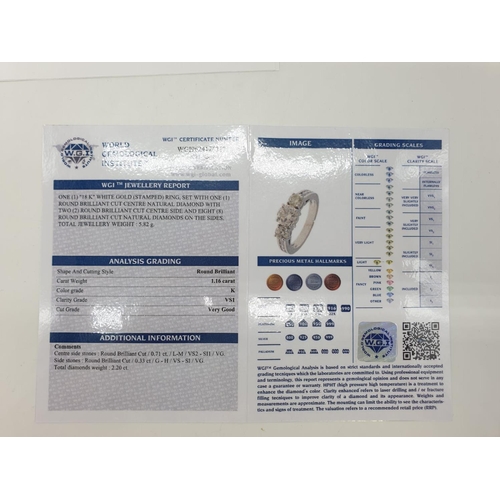 58 - 18ct white gold ring with 1.16ct diamond centre (colour K, clarity VS1) and 2 diamonds on the sides ... 