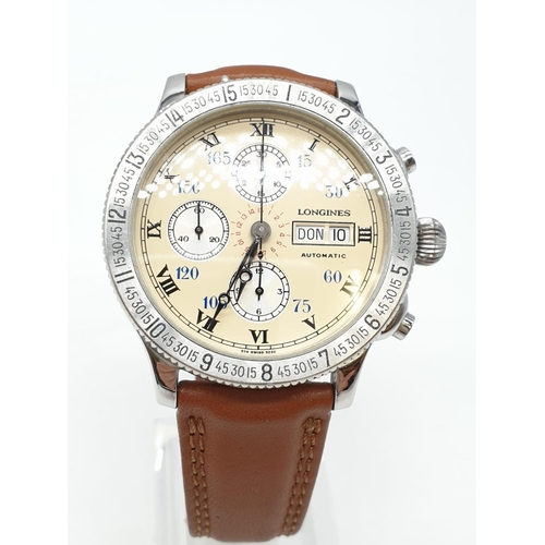 7 - Longines Lindbergh hour angle chronograph gents watch with cream face (case 44mm) and skeleton back,... 