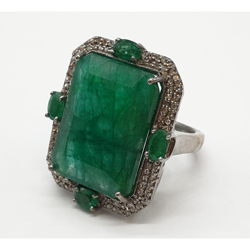 128 - Emerald M size silver ring with 23.50ct emerald and 0.8ct rose cut diamonds