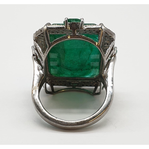 128 - Emerald M size silver ring with 23.50ct emerald and 0.8ct rose cut diamonds