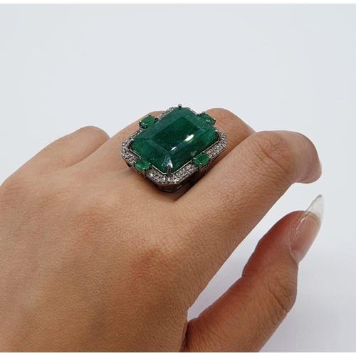 128 - Emerald M size silver ring with 23.50ct emerald and 0.8ct rose cut diamonds