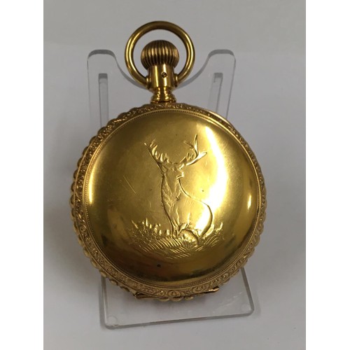 18 - Antique large size 18ct gold filled full hunter pocket watch , stag case, 19th century lever set mov... 