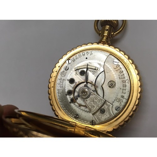 18 - Antique large size 18ct gold filled full hunter pocket watch , stag case, 19th century lever set mov... 