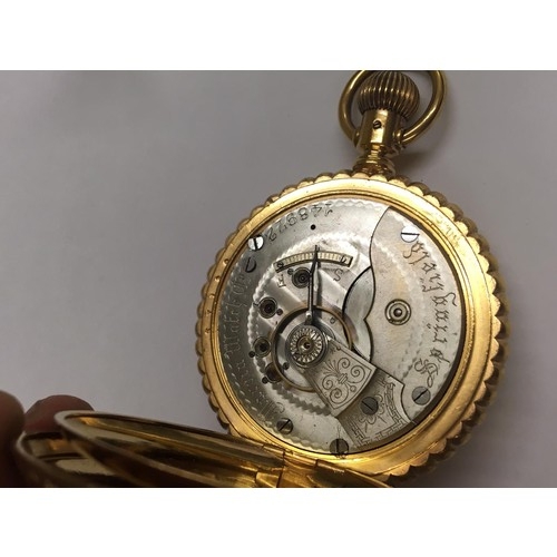 18 - Antique large size 18ct gold filled full hunter pocket watch , stag case, 19th century lever set mov... 