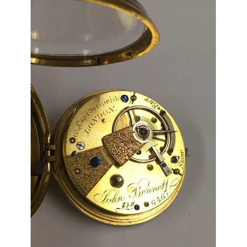 29 - Antique silver gilt John Bennet fusee pocket watch with diamond end stone , good condition and worki... 