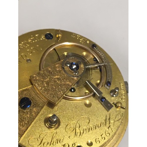 29 - Antique silver gilt John Bennet fusee pocket watch with diamond end stone , good condition and worki... 