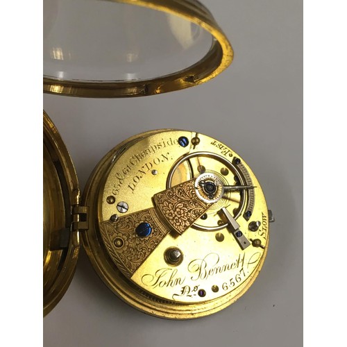 29 - Antique silver gilt John Bennet fusee pocket watch with diamond end stone , good condition and worki... 