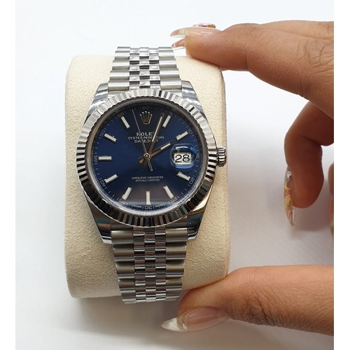 3 - Rolex Oyster Perpetual Datejust gents chronometer watch with blue face and steel strap, 40mm case im... 