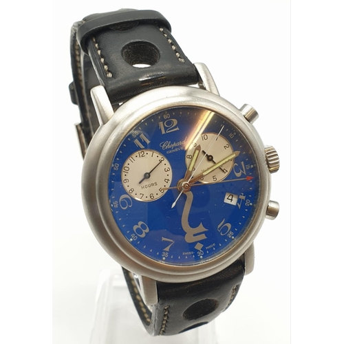 25 - Chopard Geneve gents chronometer watch with rare blue face and leather strap, case 35mm and in worki... 