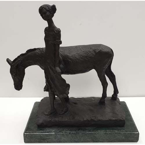 98 - Bronze figurine, unknown sculpture. Young girl with Donkey. Height 44cm, Weight 7.8 kg