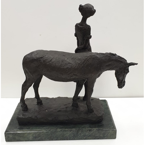 98 - Bronze figurine, unknown sculpture. Young girl with Donkey. Height 44cm, Weight 7.8 kg