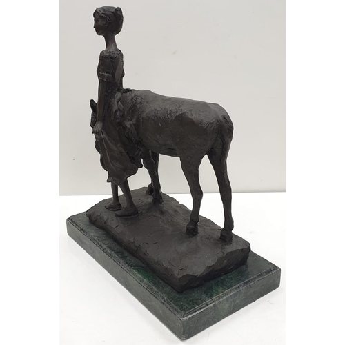 98 - Bronze figurine, unknown sculpture. Young girl with Donkey. Height 44cm, Weight 7.8 kg