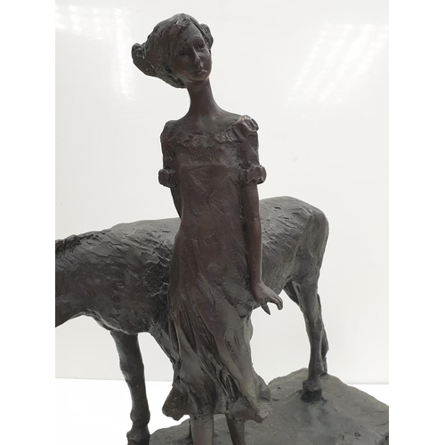 98 - Bronze figurine, unknown sculpture. Young girl with Donkey. Height 44cm, Weight 7.8 kg