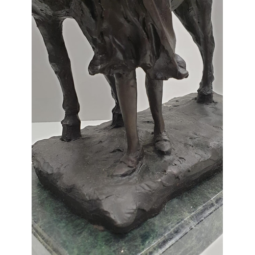 98 - Bronze figurine, unknown sculpture. Young girl with Donkey. Height 44cm, Weight 7.8 kg