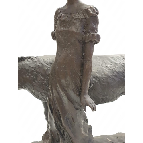 98 - Bronze figurine, unknown sculpture. Young girl with Donkey. Height 44cm, Weight 7.8 kg