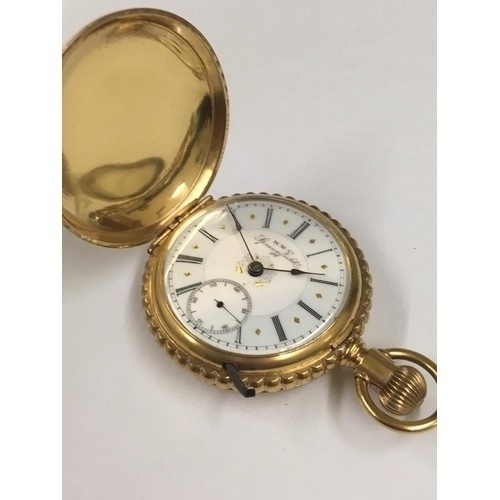 18 - Antique large size 18ct gold filled full hunter pocket watch , stag case, 19th century lever set mov... 