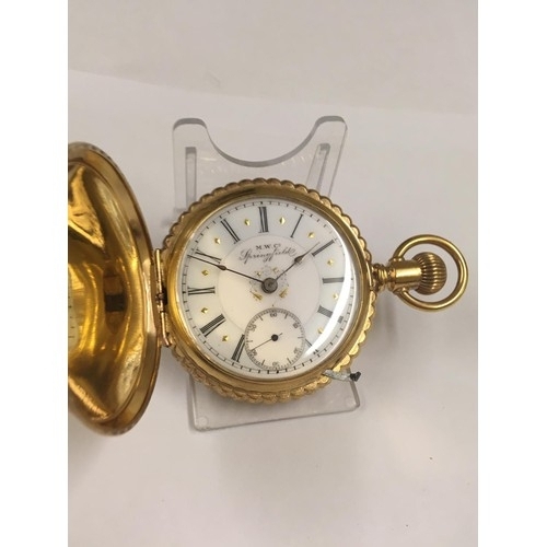 18 - Antique large size 18ct gold filled full hunter pocket watch , stag case, 19th century lever set mov... 