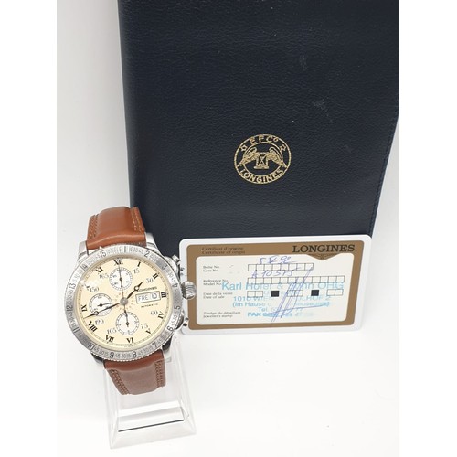 7 - Longines Lindbergh hour angle chronograph gents watch with cream face (case 44mm) and skeleton back,... 