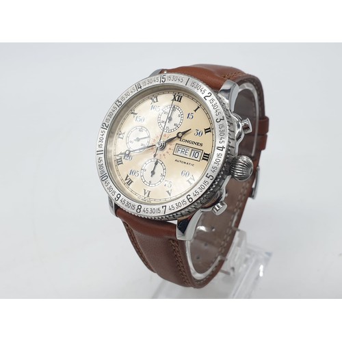 7 - Longines Lindbergh hour angle chronograph gents watch with cream face (case 44mm) and skeleton back,... 