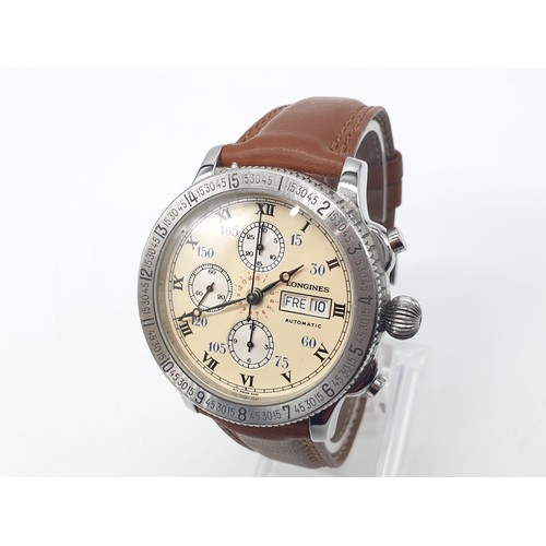 7 - Longines Lindbergh hour angle chronograph gents watch with cream face (case 44mm) and skeleton back,... 