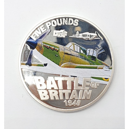 702 - Silver five pound coloured coin minted to commemorate the 70th anniversary of the Battle of Britain.... 